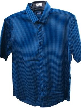 Alfani Mens L Blue Check Short Sleeve Button Up Shirt Cotton Work Casual Summer